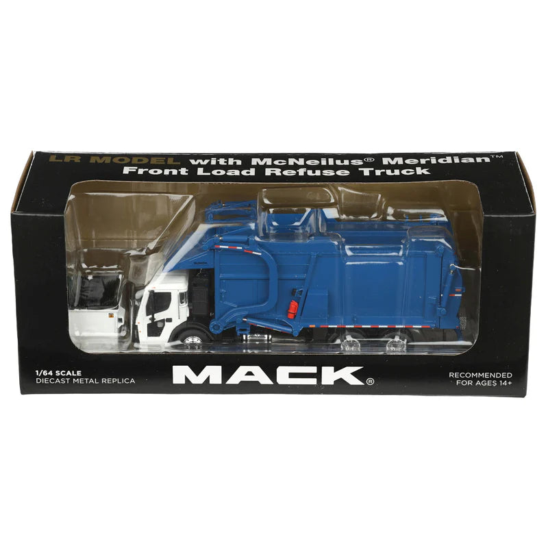 1/64 White/Blue Mack LR Truck with McNeilus Meridian FEL Refuse Body & Refuse Bin, DCP by First Gear