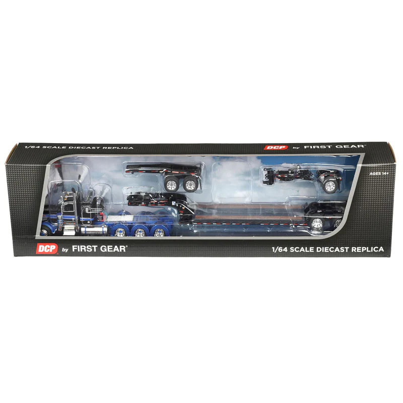 1/64 Blue/Black Peterbilt 389 Tri-Axle Semi with Fontaine Magnitude Lowboy Trailer, Jeep & Stinger, DCP by First Gear