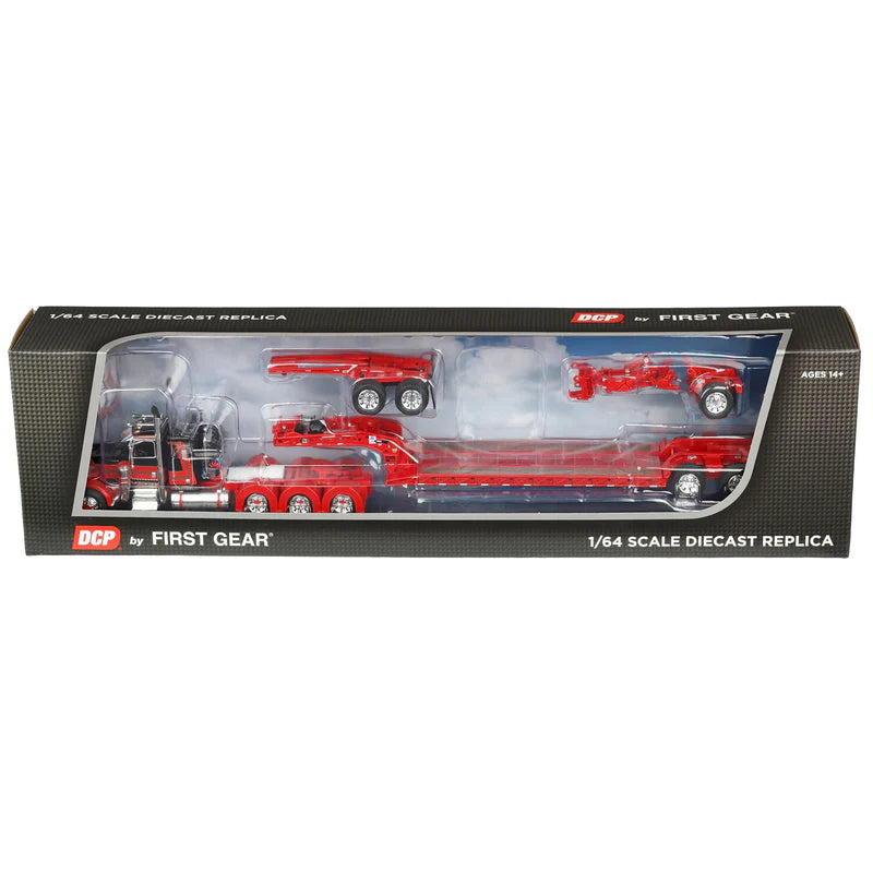 1/64 Red/Black Peterbilt 389 Tri-Axle Semi with Fontaine Magnitude Lowboy Trailer, Jeep & Stinger, DCP by First Gear