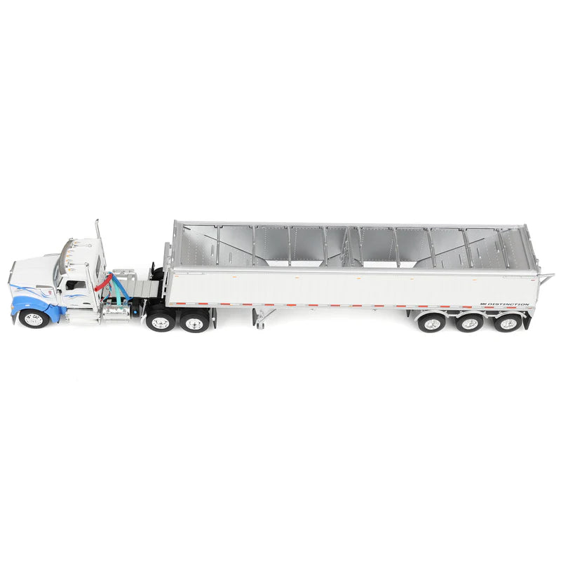 1/64 Kenworth W990 Semi Truck & Lode King Hopper Trailer, White/Blue, DCP by First Gear