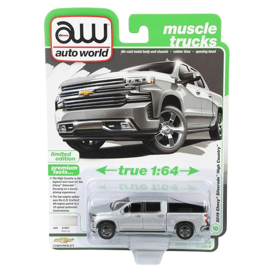 1/64 2019 Chevy Silverado High Country Pickup Truck, Silver Ice, Auto World Muscle Trucks Series