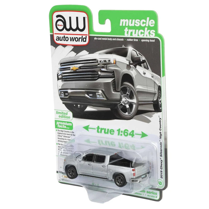 1/64 2019 Chevy Silverado High Country Pickup Truck, Silver Ice, Auto World Muscle Trucks Series