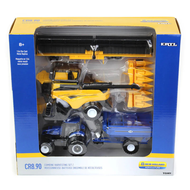 1/64 New Holland CR8.90 Combine, Tractor & J&M Grain Cart Farm Toy Set by ERTL