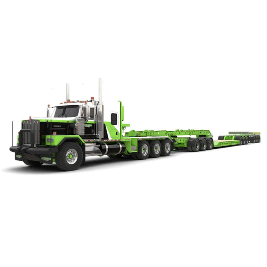 1/64 Kenworth C500 3x3x3 Heavy Haul Semi Truck with Lowboy, Jeep & Booster by J1 Diecast Replicas, Lefthander Trucking