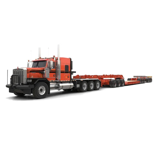 1/64 Kenworth C500 3x3x3 Heavy Haul Semi Truck with Lowboy, Jeep & Booster by J1 Diecast Replicas, Red/Black